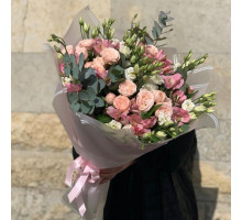 Bouquet with peony roses and eustoma