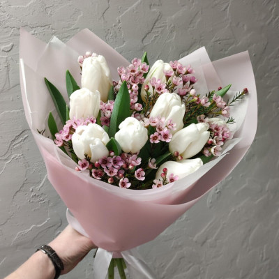 Bouquet of tulips and chamelacium