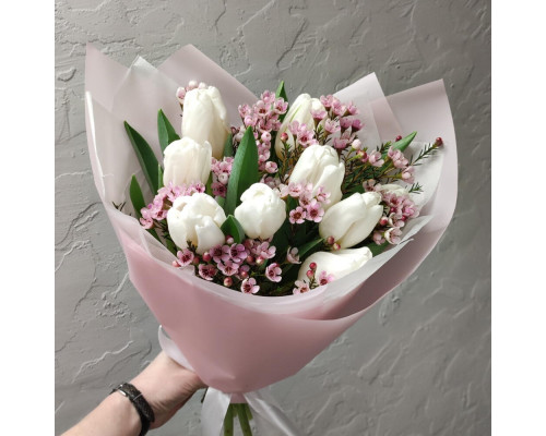 Bouquet of tulips and chamelacium