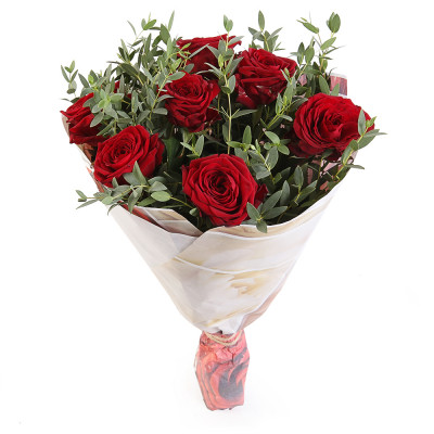 7 red roses with eucalyptus